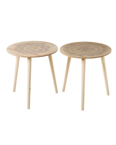 Set de 2 mesas auxiliares con mandala de madera gris y natural de Ø 40x42 cm