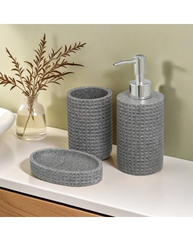Set de accesorios de baño 3 piezas de dispensador portacepillos y jabonera de poliresina color gris