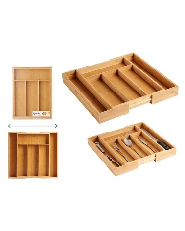 Bandeja organizador de cubiertos extensible para cajones cocina 100% bambú natural con 4 a 6 Compartimentos