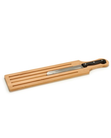 Tabla de cortar pan de bambu con asa y cuchillo