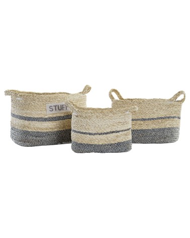 Set de 3 cesta rectangular de fibra maiz natural y gris con asas