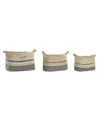 Set de 3 cesta rectangular de fibra maiz natural y gris con asas