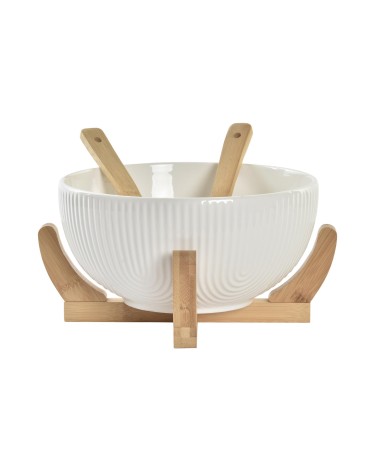 Set 3 pieza ensaladera de porcelana con soporte y palas de bambu