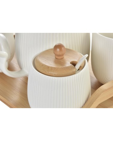 Juego de tetera con tapa, 2 taza, azucarero y lechera con soporte madera bambu para servir mesa