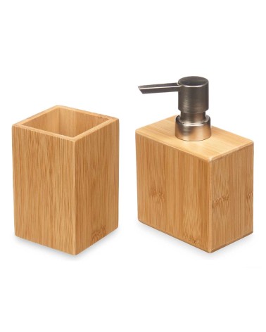 Set de 2 accesorios de baño de dispensador y portacepillos bambú marrón nórdico