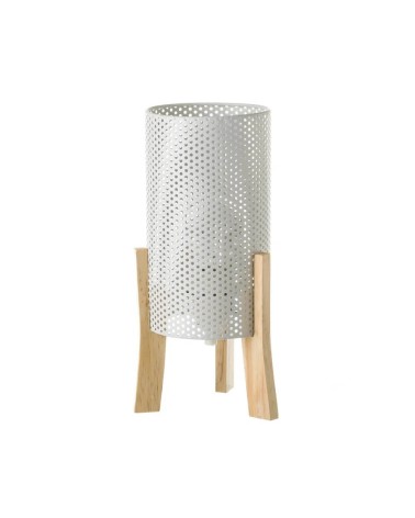 Lámpara de mesita de noche cilíndrica nórdica de metal y madera blanca de 30 cm