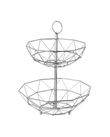 Frutero geométrico de 2 alturas plateado de metal cromado de Ø 29x38 cm