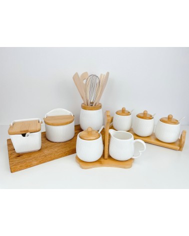 Set azucarero con cucharilla y jarrita porcelana blanco con soporte madera nordico