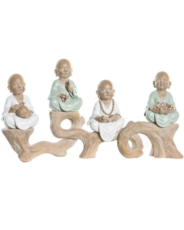 Figura buda de suerte sentado tronco resina para decoracion de mesa 4 monjes