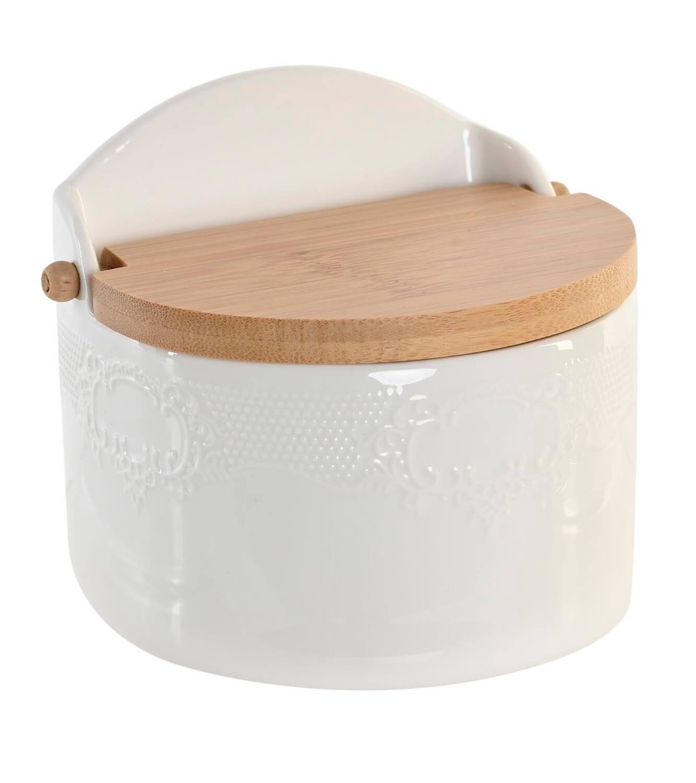 Salero de porcelana blanco con tapa de bambu estilo nordico