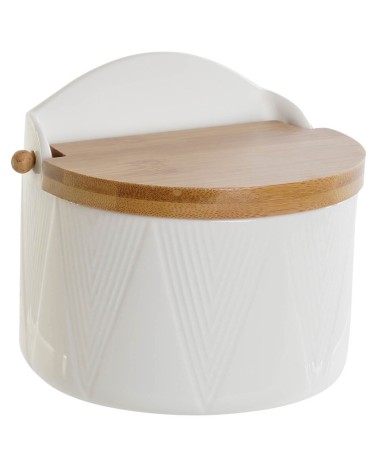 Salero y Azucarero de porcelana blanco con tapa de bambu estilo nordico