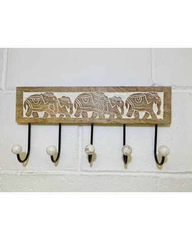 Perchero pared 5 colgador madera tallada elefante 38x18 cm