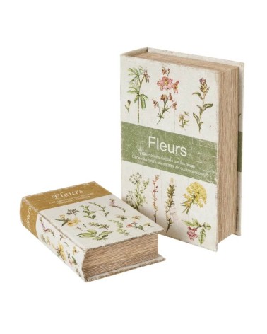 Set de 2 cajas libro botánicas de seda y madera blancas