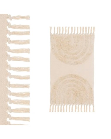 Alfombra flecos de círculos beige de algodón natural y poliéster de 50x80 cm