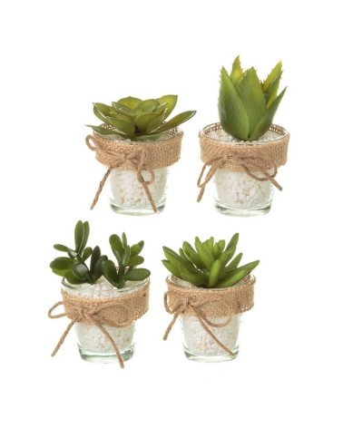 Set de 4 plantas artificiales de cactus verdes con maceta de cristal