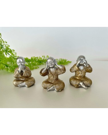Set 3 Figuritas de Buda Suerte Poliresina Decoracion Dorado y Plateado 10 cm .  (Ver , Oir , Callar )
