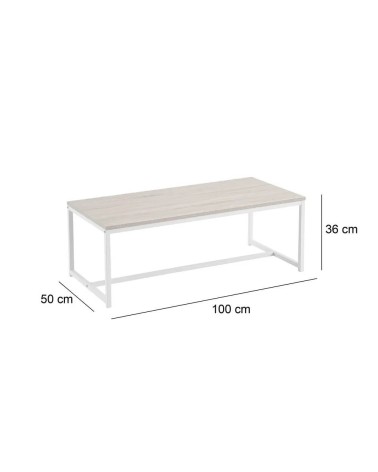 Mesa de centro de acero y madera MDF en blanco y natural de 100x50x36 cm