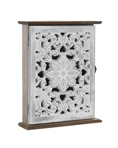 Caja guardallaves de pared madera tallado envejecido en color blanco 6 colgadores