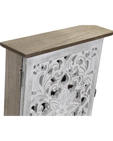 Caja guardallaves de pared madera tallado envejecido en color blanco 6 colgadores