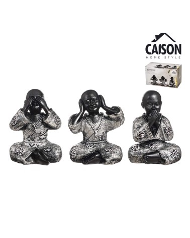 Set 3 Figuritas de Buda Suerte Poliresina Decoracion Negro Plateado 10 cm .  (Ver , Oir , Callar )