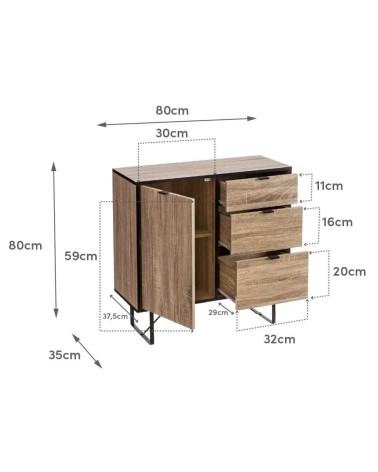 Aparador natural con 3 cajones y 1 puerta de madera y metal de 80x35x80 cm
