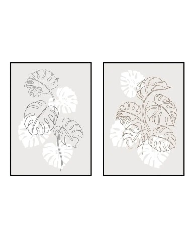 Set de 2 cuadros hojas impresión sobre lienzo abstractos enmarcados de madera taupe de 51x71 cm