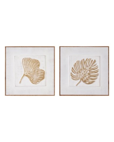 Set de 2 cuadros de hoja en relieve de madera dorados de 41x41 cm