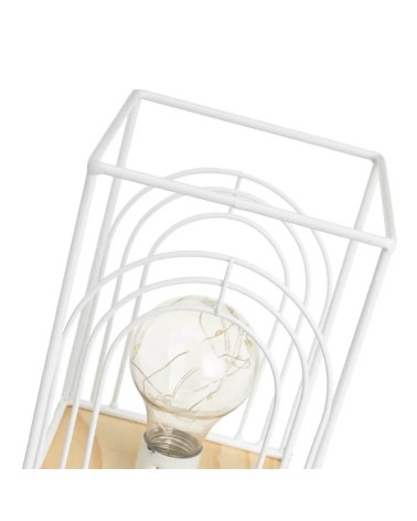 Lámpara de mesa decorativa a pilas cuadrada metal blanco y madera de 12x12x20 cm