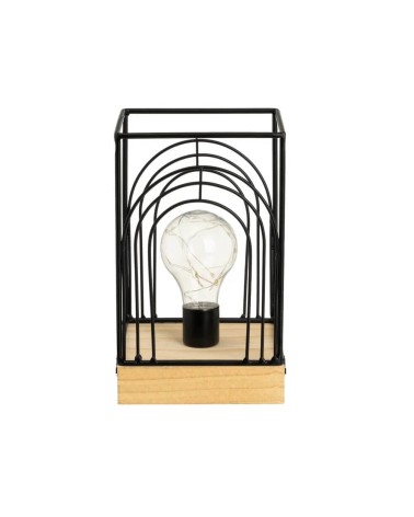Lámpara de mesa decorativa a pilas cuadrada de metal negro y madera de 12x12x20 cm