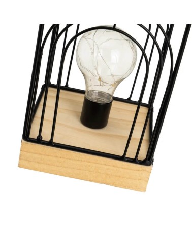 Lámpara de mesa decorativa a pilas cuadrada de metal negro y madera de 12x12x20 cm