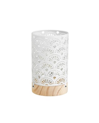 Lámpara de mesa decorativa a pilas arabesca de metal blanco y madera de Ø 11x18 cm