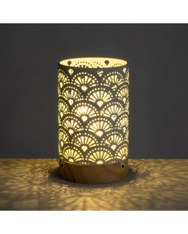 Lámpara de mesa decorativa a pilas arabesca de metal blanco y madera de Ø 11x18 cm