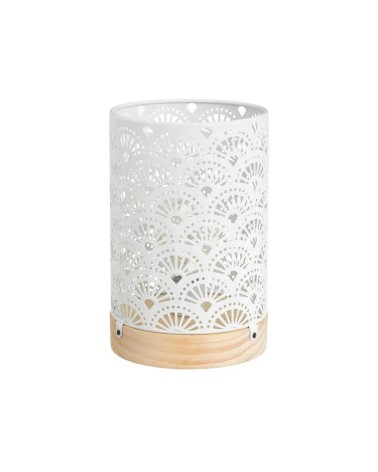 Lámpara de mesa decorativa a pilas arabesca de metal blanco y madera de Ø 13x20 cm
