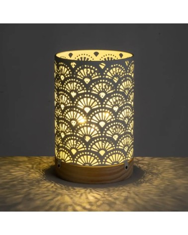 Lámpara de mesa decorativa a pilas arabesca de metal blanco y madera de Ø 13x20 cm