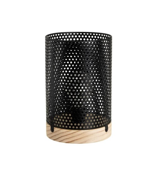 Lámpara de mesa decorativa a pilas cuadrada de metal negro y madera de  12x12x20 cm