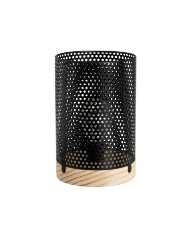Lámpara de mesa decorativa a pilas con rejilla de metal negro y madera de Ø 13x20 cm