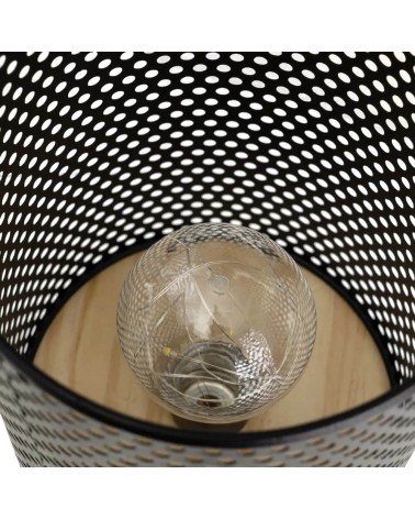 Lámpara de mesa decorativa a pilas con rejilla de metal negro y madera de Ø 13x20 cm