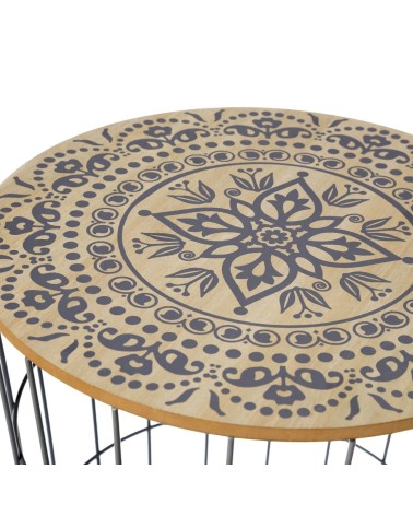 Set de 2 mesas auxiliares bandeja con mandala gris de metal y madera de Ø 40x42 cm