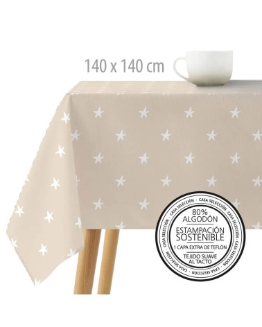 Mantel resinado antimanchas de estrellas beige de tela de 140x140 cm