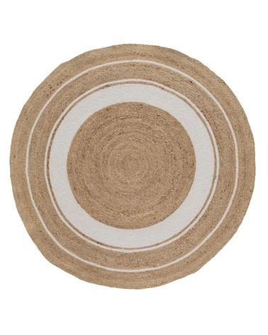 Alfombra redonda trenzada con círculos blancos de yute natural de Ø 120 cm