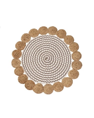 Alfombra redonda trenzada con cenefa de círculos de yute blanca y natural de Ø 90 cm