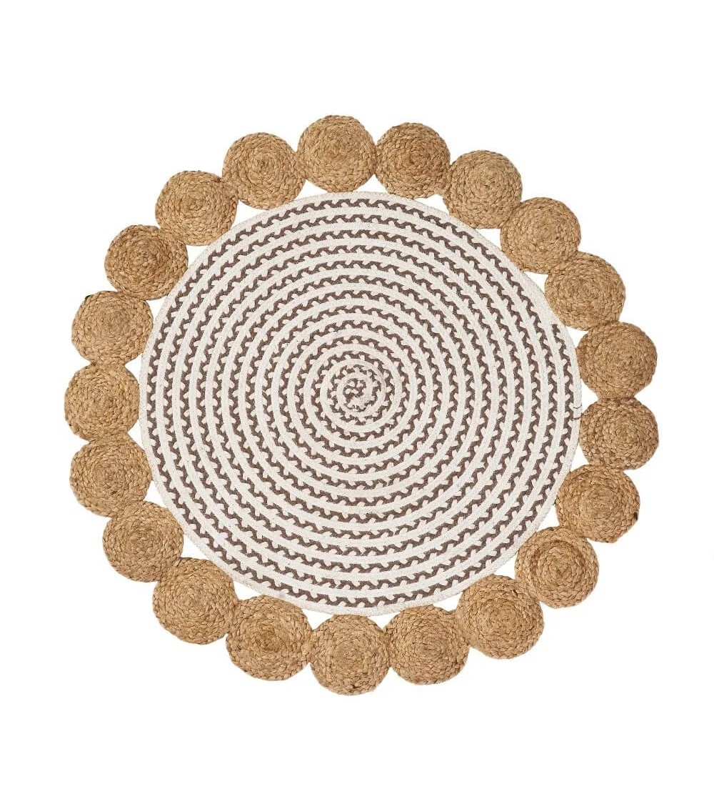 Alfombra redonda trenzada con cenefa de círculos de yute blanca y natural  de Ø 100 cm