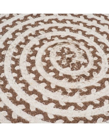 Alfombra redonda trenzada con cenefa de círculos de yute blanca y natural de Ø 100 cm