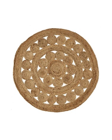 Alfombra redonda trenzada con cenefas de círculos de yute natural de Ø 90 cm