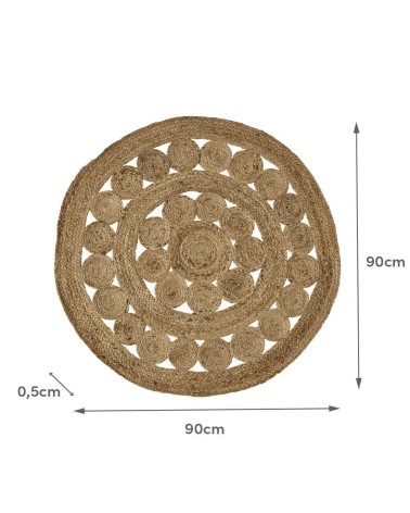 Alfombra redonda trenzada con cenefas de círculos de yute natural de Ø 90 cm