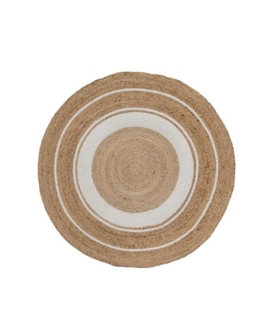 Alfombra redonda trenzada con círculos blancos de yute natural de Ø 90 cm