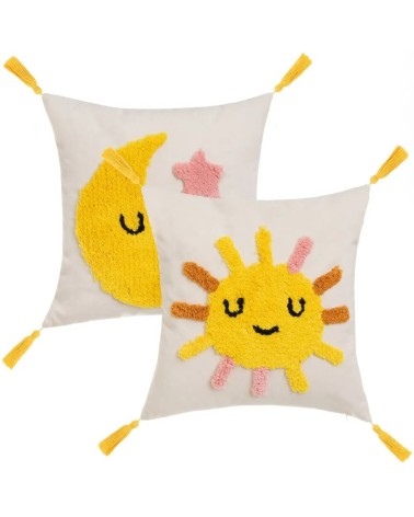 Set de 2 cojines infantiles de sol y luna amarillos y blancos de tela pelo de 45x45 cm con relleno