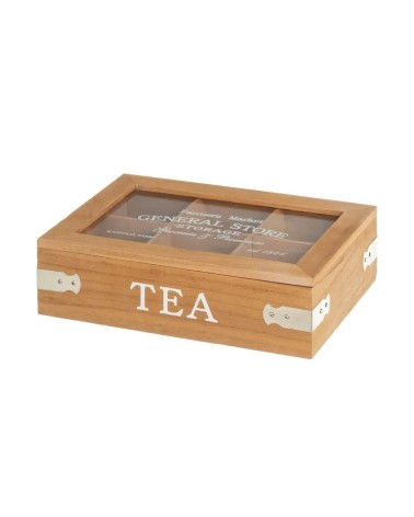 Caja de té de madera y cristal beige de 7x16x24 cm