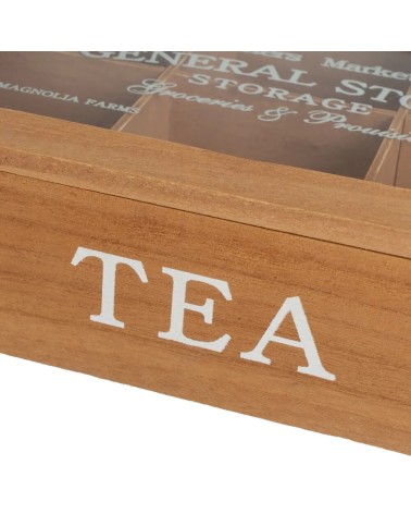 Caja de té de madera y cristal beige de 7x16x24 cm