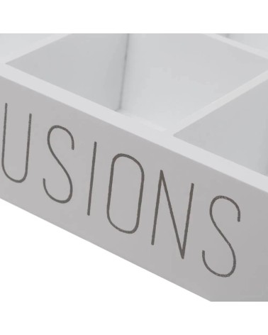 Caja de infusiones de 6 compartimentos de madera y cristal blanca de 24x6x18 cm
